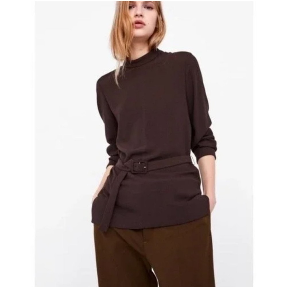 Zara Long Sleeve Belted Tunic Blouse XS